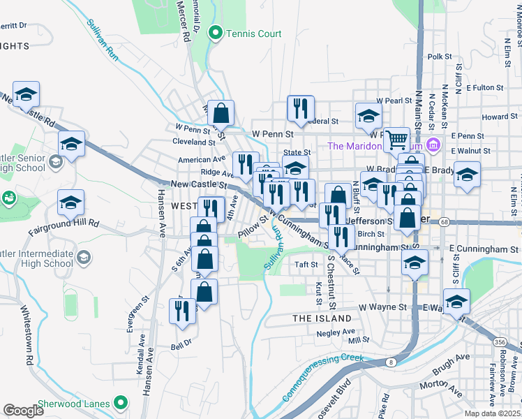 map of restaurants, bars, coffee shops, grocery stores, and more near 104 2nd Avenue in Butler
