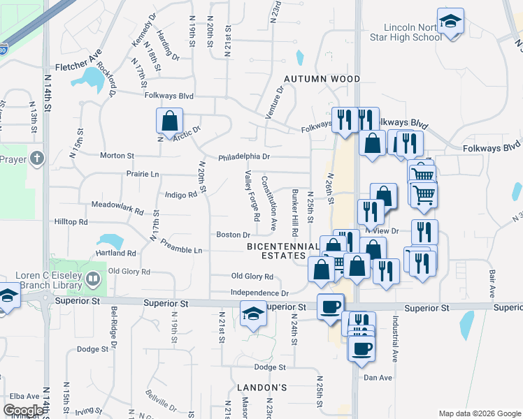 map of restaurants, bars, coffee shops, grocery stores, and more near 5025 Valley Forge Road in Lincoln