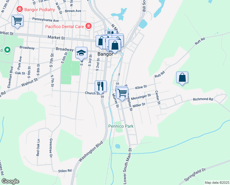 map of restaurants, bars, coffee shops, grocery stores, and more near 120 Murray Street in Bangor