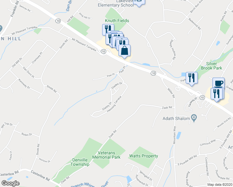 map of restaurants, bars, coffee shops, grocery stores, and more near 10 Ardsley Court in Denville