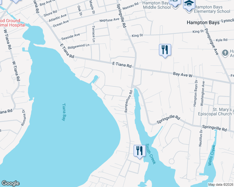 map of restaurants, bars, coffee shops, grocery stores, and more near 10 Grant Boulevard in Hampton Bays