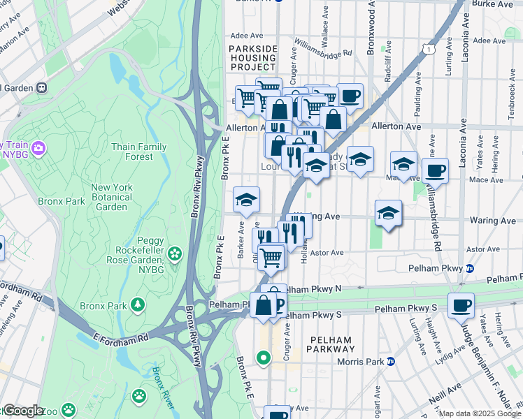 map of restaurants, bars, coffee shops, grocery stores, and more near 679 Waring Avenue in Bronx