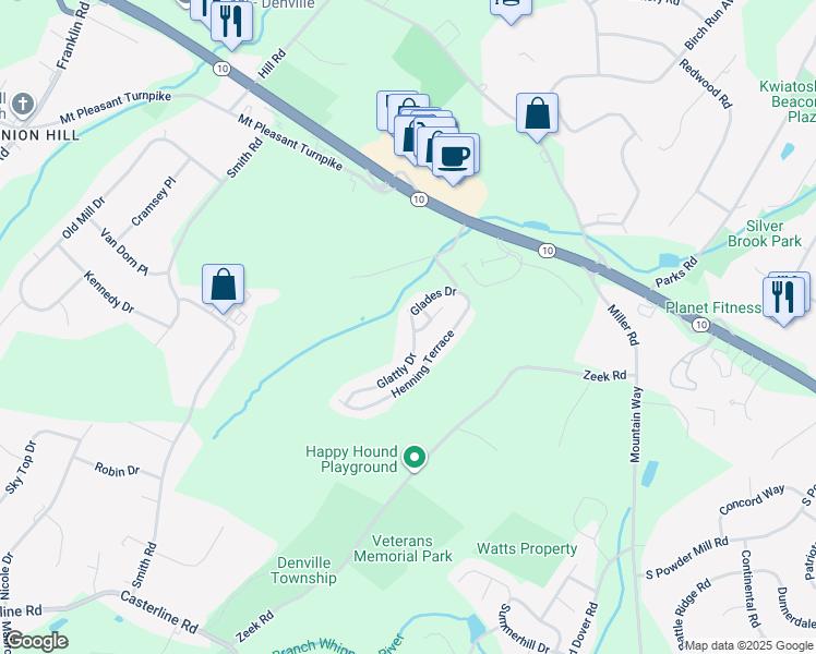 map of restaurants, bars, coffee shops, grocery stores, and more near 14 Glattly Drive in Denville