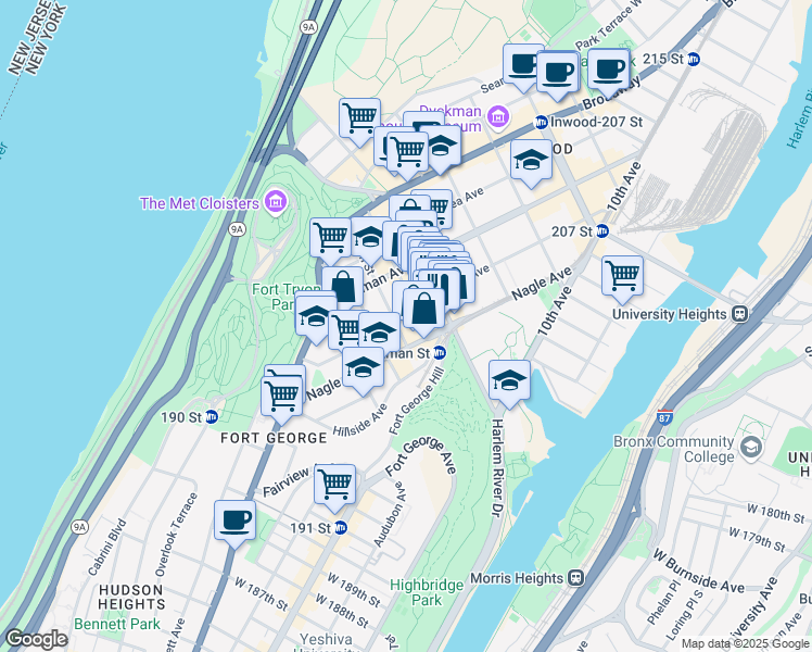 map of restaurants, bars, coffee shops, grocery stores, and more near 17 Arden Street in New York