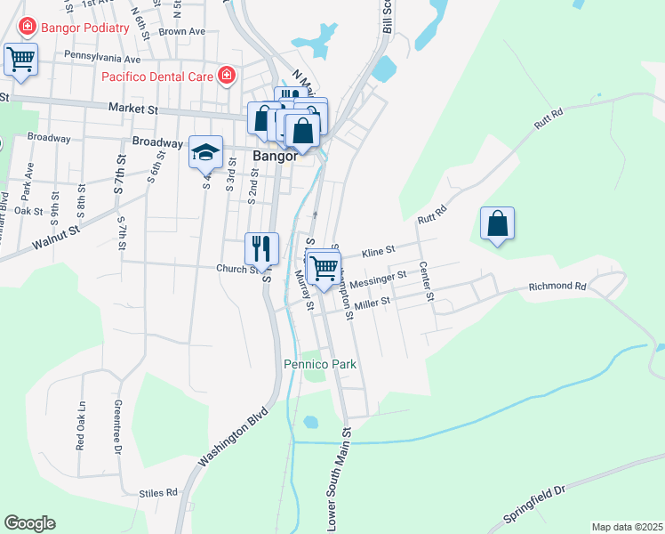 map of restaurants, bars, coffee shops, grocery stores, and more near 42 Kline Street in Bangor