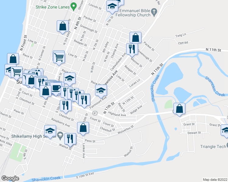 map of restaurants, bars, coffee shops, grocery stores, and more near 201 Fairmount Avenue in Sunbury