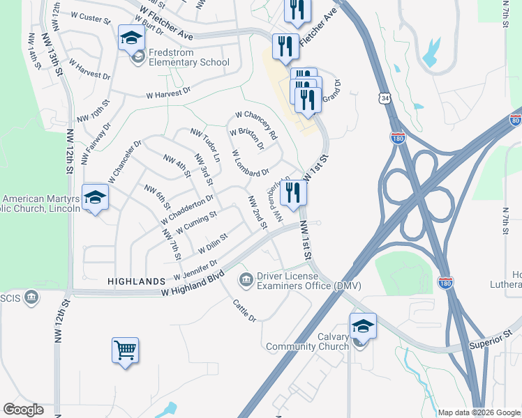 map of restaurants, bars, coffee shops, grocery stores, and more near 5000 Northwest 2nd Street in Lincoln