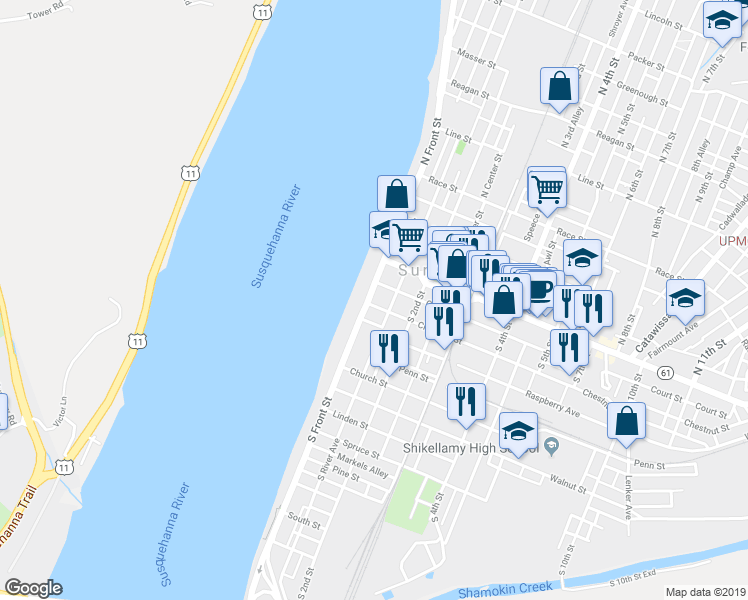 map of restaurants, bars, coffee shops, grocery stores, and more near 50 South Front Street in Sunbury