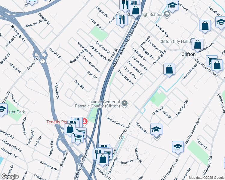 map of restaurants, bars, coffee shops, grocery stores, and more near 40 Landis Place in Clifton