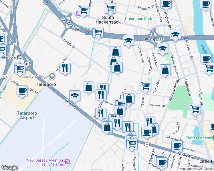 map of restaurants, bars, coffee shops, grocery stores, and more near 540 Huyler Street in South Hackensack