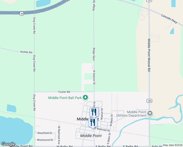 map of restaurants, bars, coffee shops, grocery stores, and more near 9900 North Adams Street in Middle Point