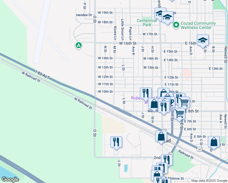 map of restaurants, bars, coffee shops, grocery stores, and more near 601 West 10th Street in Cozad