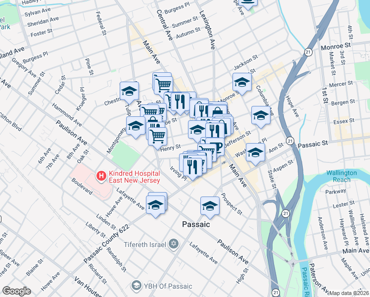 map of restaurants, bars, coffee shops, grocery stores, and more near 53 Henry Street in Passaic