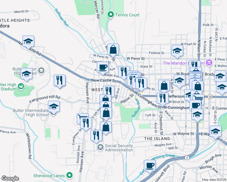 map of restaurants, bars, coffee shops, grocery stores, and more near 119 4th Avenue in Butler