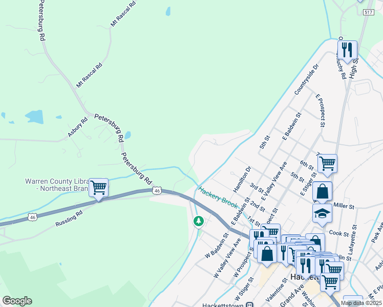 map of restaurants, bars, coffee shops, grocery stores, and more near 26 Overlook Drive in Hackettstown