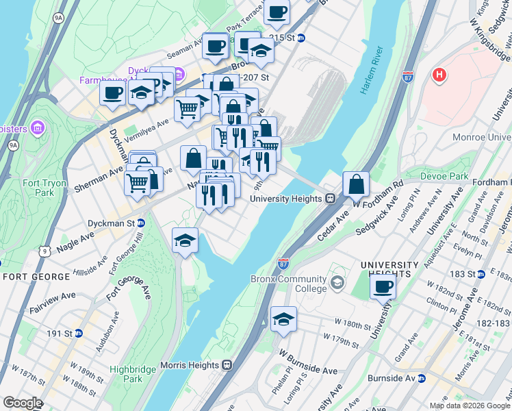 map of restaurants, bars, coffee shops, grocery stores, and more near 261 West 204th Street in New York