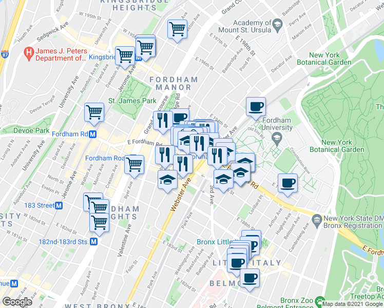 map of restaurants, bars, coffee shops, grocery stores, and more near 360 East Fordham Road in The Bronx
