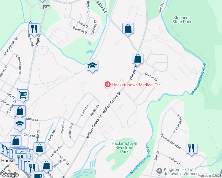 map of restaurants, bars, coffee shops, grocery stores, and more near 651 Willow Grove Street in Hackettstown