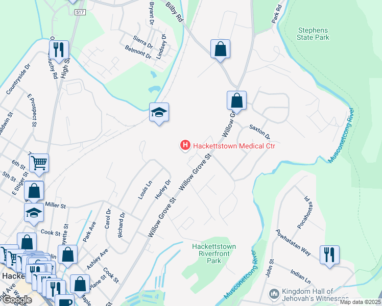 map of restaurants, bars, coffee shops, grocery stores, and more near 651 Willow Grove Street in Hackettstown
