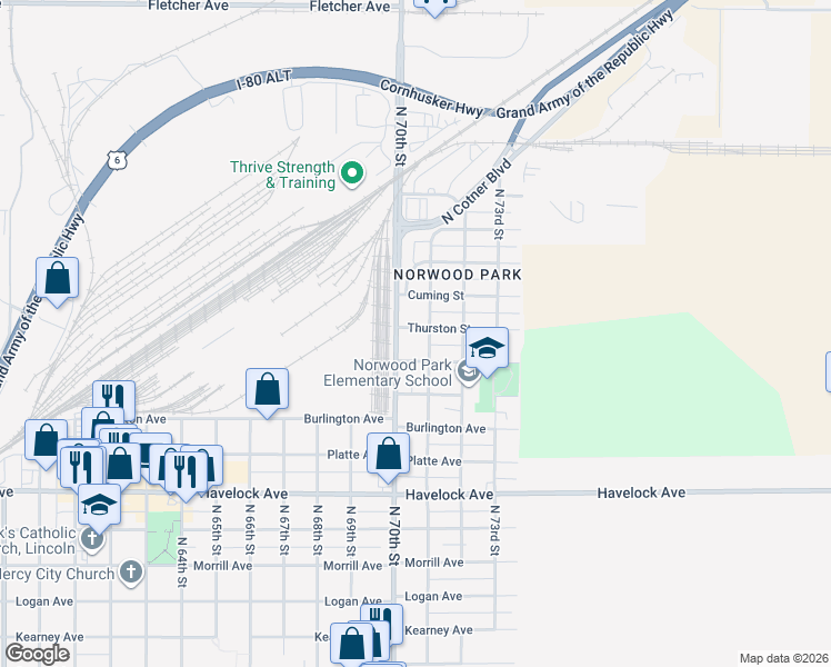 map of restaurants, bars, coffee shops, grocery stores, and more near 7025 Thurston Street in Lincoln