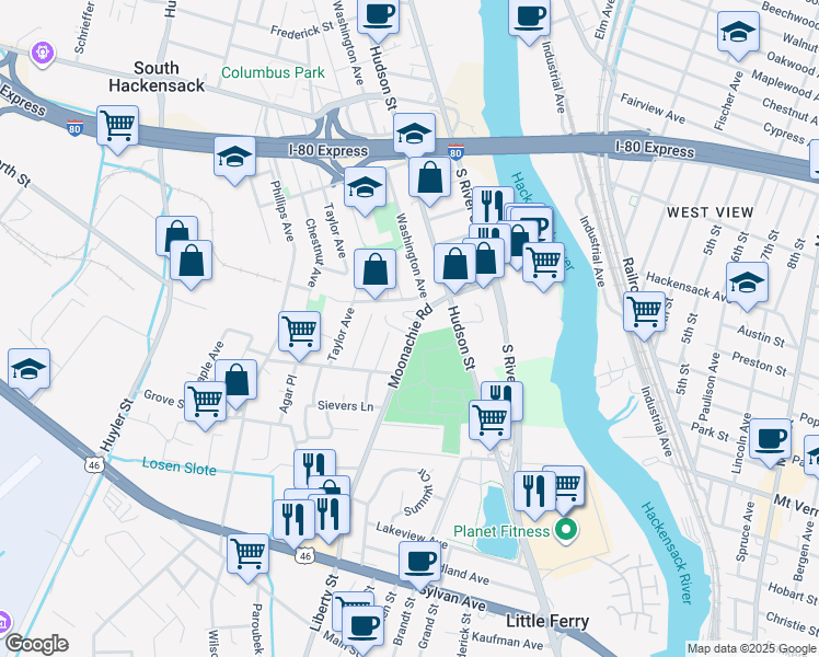 map of restaurants, bars, coffee shops, grocery stores, and more near 38 Moonachie Road in Hackensack
