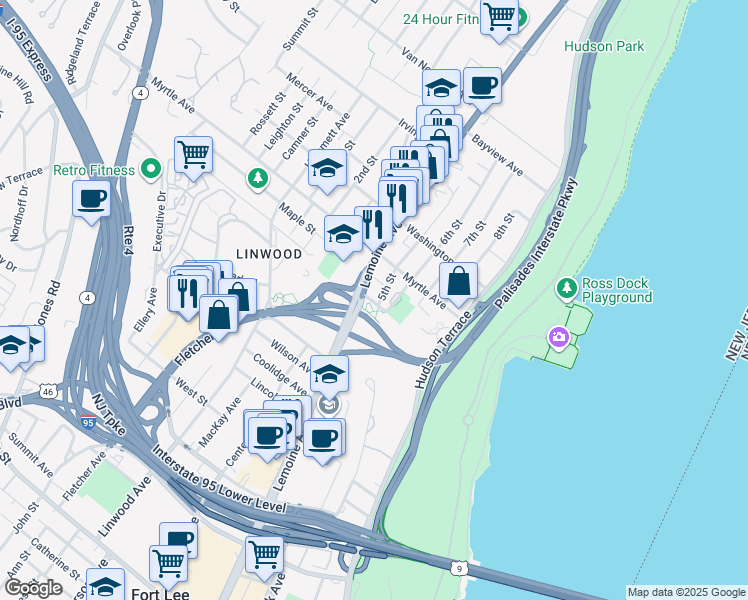 map of restaurants, bars, coffee shops, grocery stores, and more near 2325 5th Street in Fort Lee