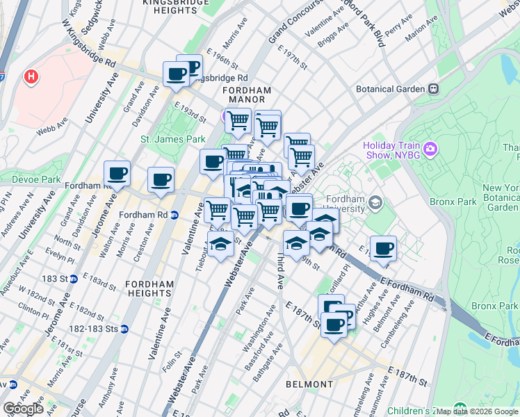 map of restaurants, bars, coffee shops, grocery stores, and more near 360 East Fordham Road in The Bronx