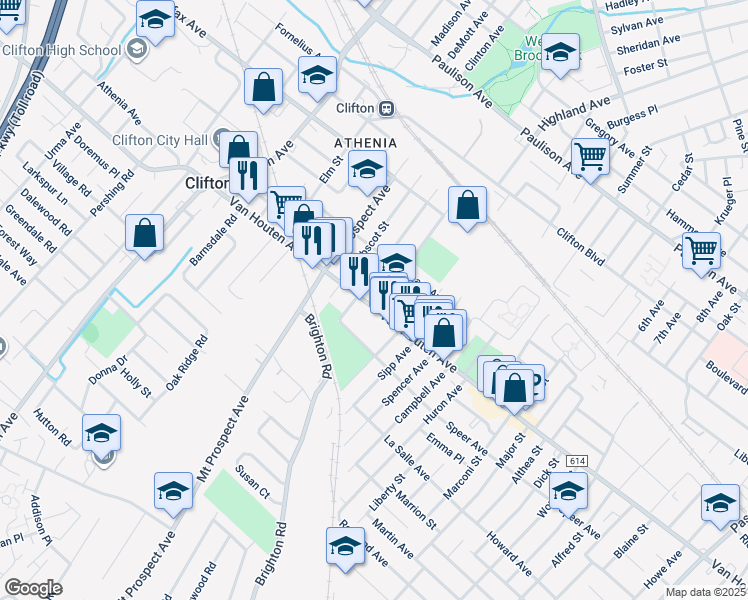 map of restaurants, bars, coffee shops, grocery stores, and more near 798 Van Houten Avenue in Clifton