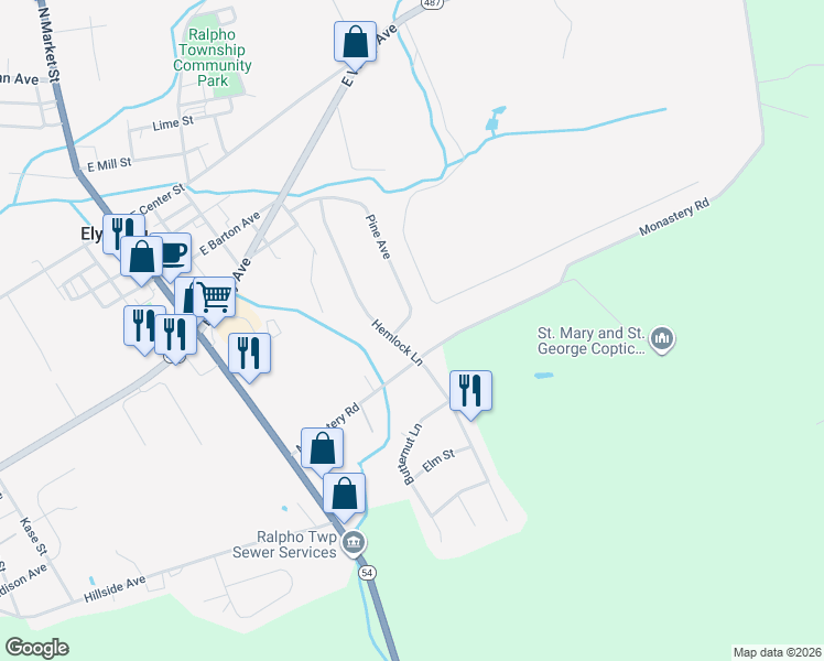 map of restaurants, bars, coffee shops, grocery stores, and more near 20-28 Monastery Road in Elysburg