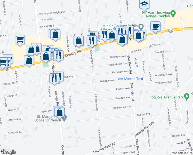 map of restaurants, bars, coffee shops, grocery stores, and more near 53 South Evergreen Drive in Selden