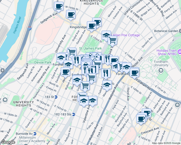 map of restaurants, bars, coffee shops, grocery stores, and more near 2467 Grand Concourse in Bronx