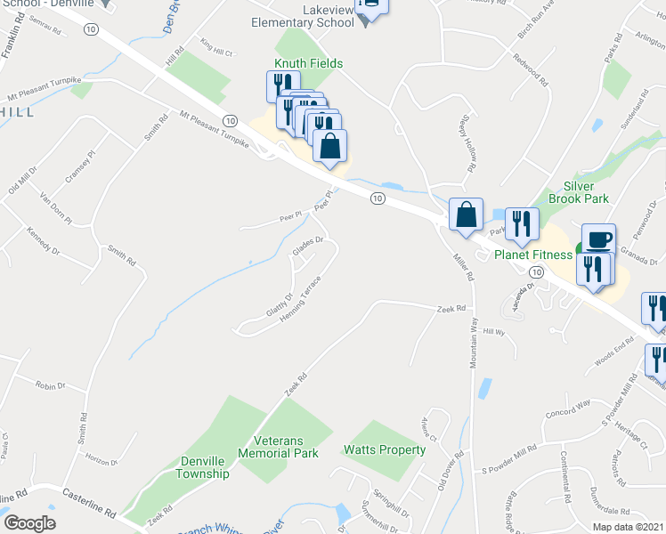 map of restaurants, bars, coffee shops, grocery stores, and more near 11 Henning Terrace in Denville