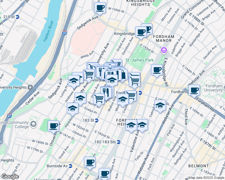 map of restaurants, bars, coffee shops, grocery stores, and more near 2424 Jerome Avenue in The Bronx