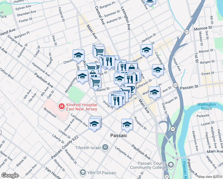 map of restaurants, bars, coffee shops, grocery stores, and more near 53 Henry Street in Passaic