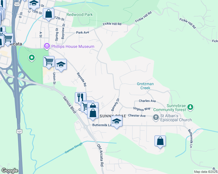 map of restaurants, bars, coffee shops, grocery stores, and more near 500 Grotzman Road in Arcata