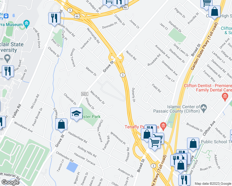 map of restaurants, bars, coffee shops, grocery stores, and more near 605 Grove Street in Clifton