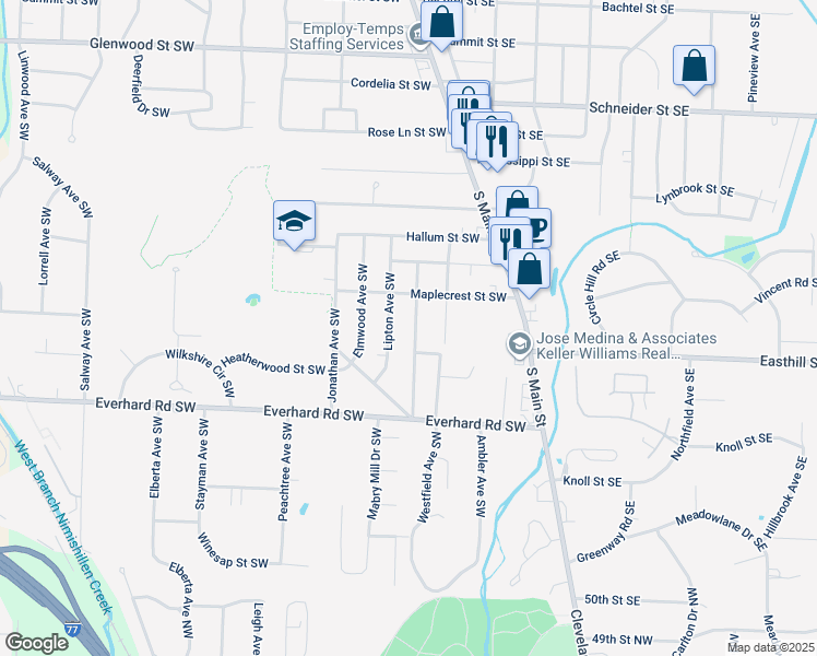 map of restaurants, bars, coffee shops, grocery stores, and more near 1373 Castlewood Avenue Southwest in North Canton