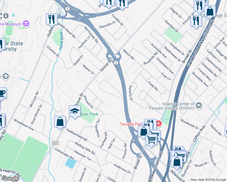 map of restaurants, bars, coffee shops, grocery stores, and more near 605 Grove Street in Clifton