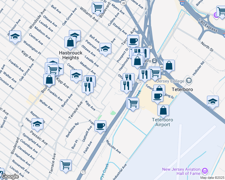map of restaurants, bars, coffee shops, grocery stores, and more near 62 Garrison Avenue in Hasbrouck Heights