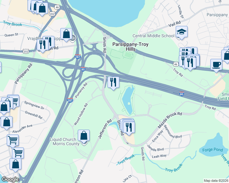 map of restaurants, bars, coffee shops, grocery stores, and more near 199 Smith Road in Parsippany-Troy Hills