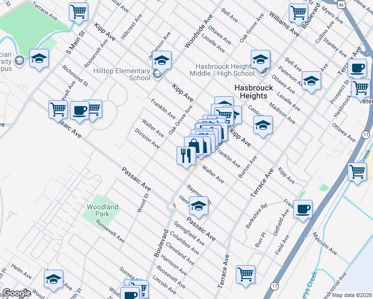 map of restaurants, bars, coffee shops, grocery stores, and more near 141 Walter Avenue in Hasbrouck Heights