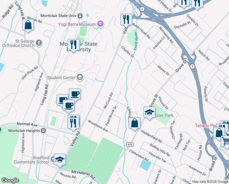 map of restaurants, bars, coffee shops, grocery stores, and more near 110 McCosh Road in Montclair