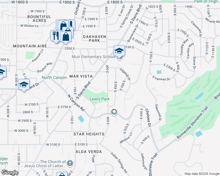 map of restaurants, bars, coffee shops, grocery stores, and more near 2586 South 450 East in Bountiful