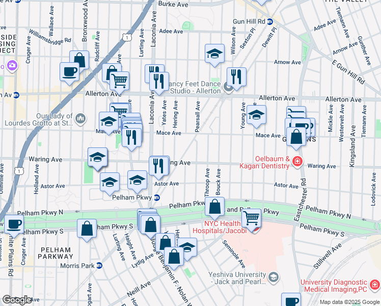 map of restaurants, bars, coffee shops, grocery stores, and more near 2411 Pearsall Avenue in Bronx