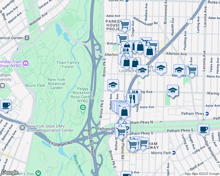 map of restaurants, bars, coffee shops, grocery stores, and more near 651 Waring Avenue in Bronx