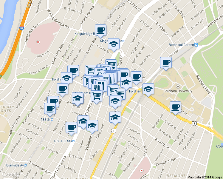 map of restaurants, bars, coffee shops, grocery stores, and more near 2474 Valentine Avenue in The Bronx