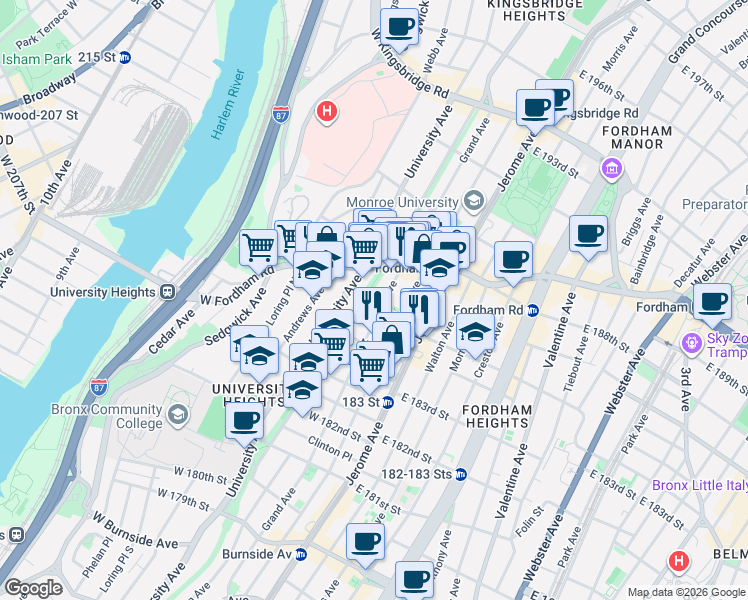 map of restaurants, bars, coffee shops, grocery stores, and more near 141 West 184th Street in Bronx