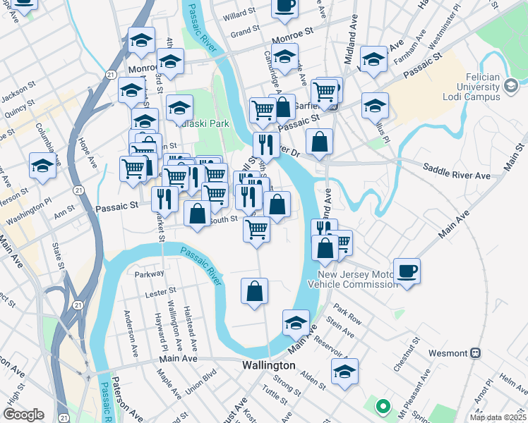 map of restaurants, bars, coffee shops, grocery stores, and more near 163 8th Street in Passaic