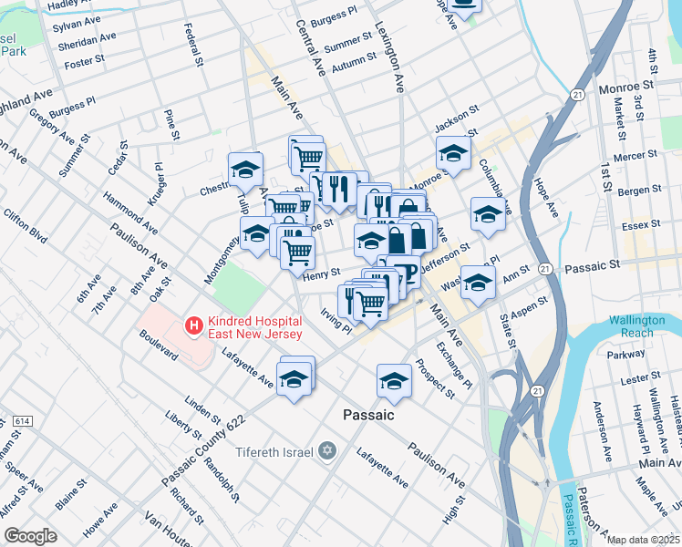 map of restaurants, bars, coffee shops, grocery stores, and more near 53 Henry Street in Passaic