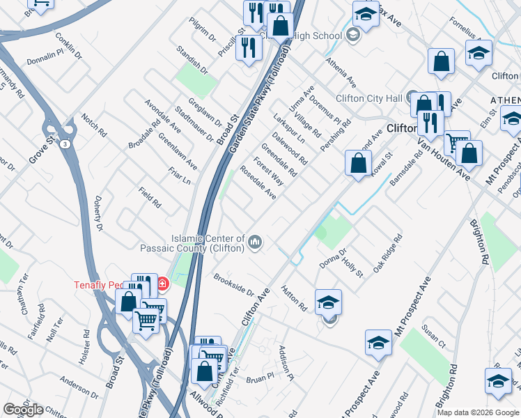 map of restaurants, bars, coffee shops, grocery stores, and more near 14 Springdale Avenue in Clifton